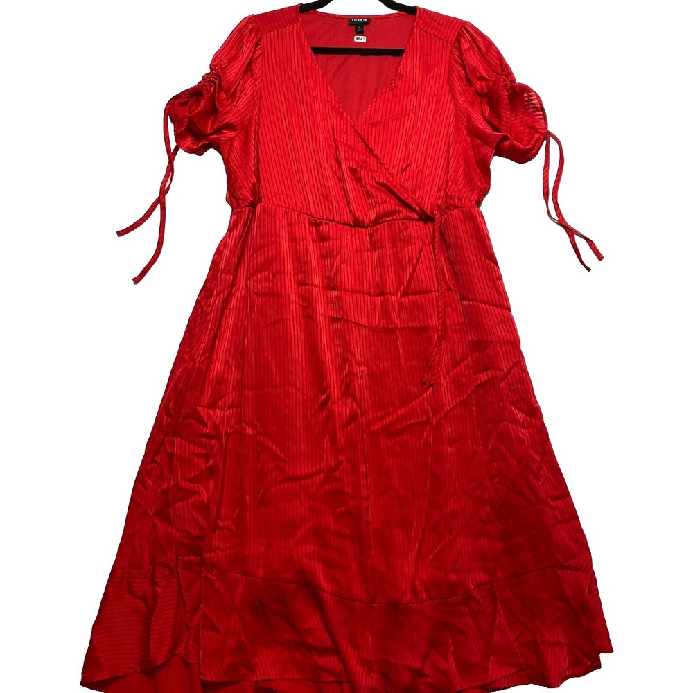 Torrid Dress Womens 0X Red Racing Satin Midi Dobby Surplice Wrap $85